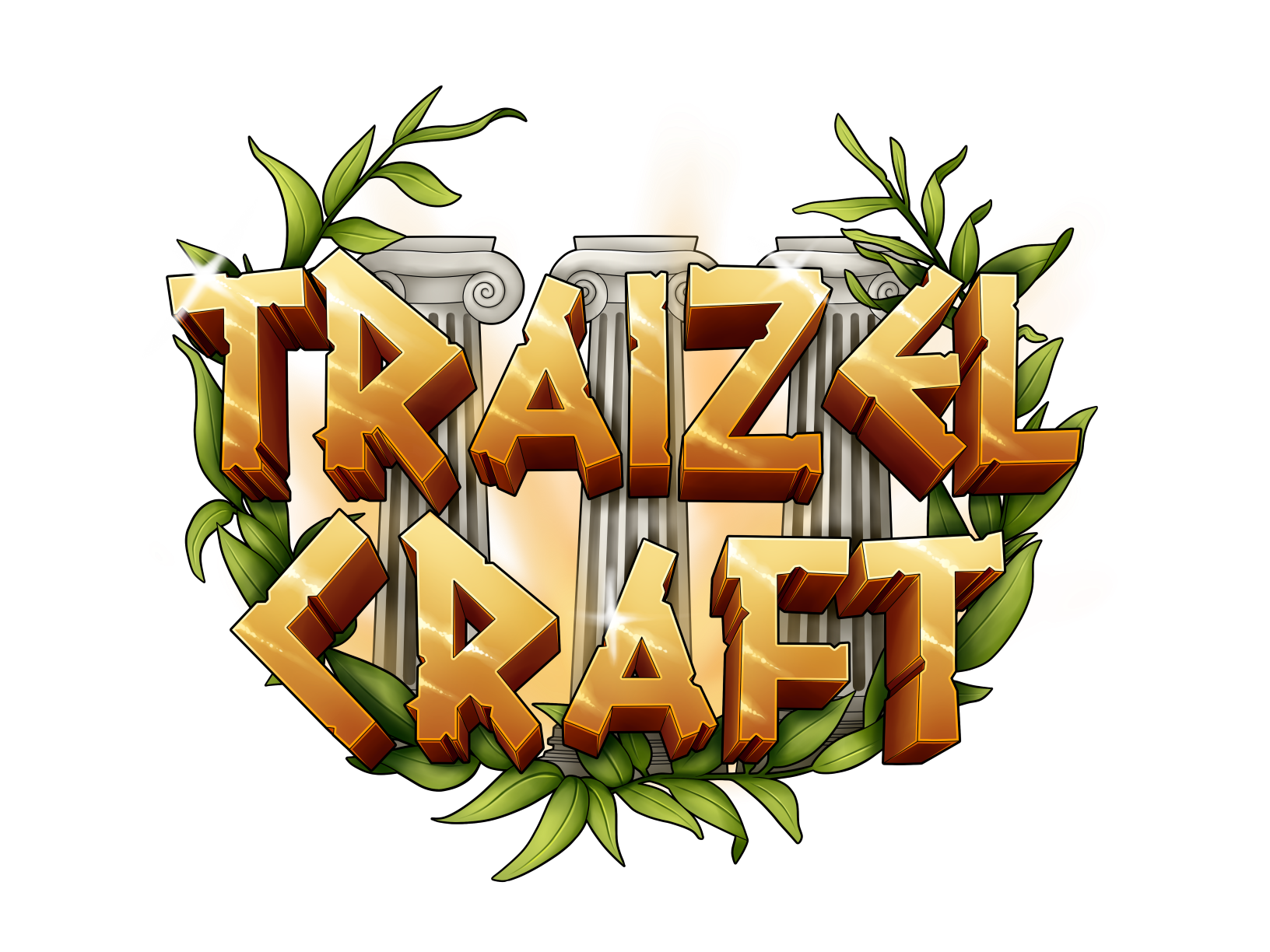 TraizelCraft logo with gold lettering, stone columns, and green vines